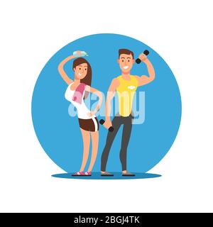 Fitness motivation emblem design. Cartoon character cheerful girl and boy with sport equipment. Flat icon, vector illustration Stock Vector