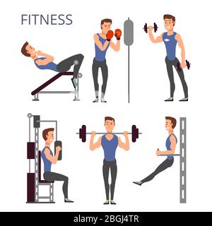 Gym exercises, body pump workout vector set with cartoon sport man characters. Fitness people in gym illustration Stock Vector