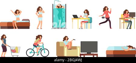 Smiling happy woman in everyday life. Active girl normal daily routine vector cartoon lifestyle characters set. Illustration daily, everyday life girl, sleeping and shower, breakfast and shopping Stock Vector