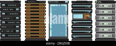 Modern flat server racks. Computer processor servers for server room. Vector set isolated on white background. Illustration of computer data equipment, hardware for database Stock Vector