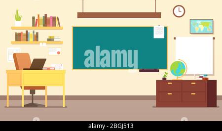 Nobody school classroom interior with teachers desk and blackboard vector illustration. Empty class for study, interior and chalkboard Stock Vector