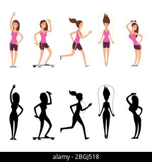 Sport woman characters. Vector female fitness silhouettes isolated on white background. Young girl exercise workout in black silhouette, sporty and active illustration Stock Vector