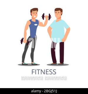 Fitness motivation male characters. Sports man and plump man isolated on white background. Vector illustration Stock Vector