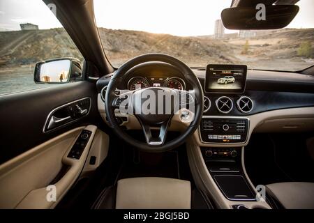 Interior, beige color leather seats and salon of a car Stock Photo