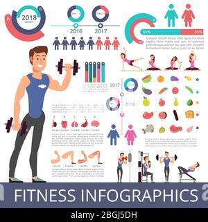 Sports and healthy life vector business infographic with sport person characters, charts and diagrams. Fitness characters. Vector diagram and chart, healthy life, dieting and wellness illustration Stock Vector