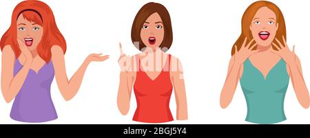 Surprised pretty woman. Astonished laughing girl cartoon vector set. Female face emotion, facial girl illustration Stock Vector