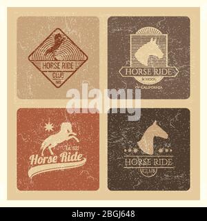 Horse ride club vintage retro emblem set isolated. Vector illustration Stock Vector