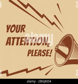 Attention please vector poster with voice megaphone. Speech announcement poster, alert message from bullhorn illustration Stock Vector