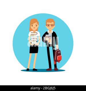 Girl and boy students cartoon character. Back to school kids vector design. Schoolboy character child, young children with books illustration Stock Vector