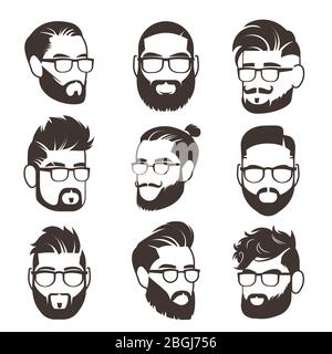 Handsome bearded hipster man faces with mustache and modern male hairstyle vector avatars isolated. Face with beard and mustache, gentleman silhouette character illustration Stock Vector