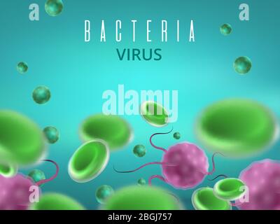 Biology medical science concept. Abstract vector background with cells and viruses. Medical cell and biology research microscopic illustration Stock Vector