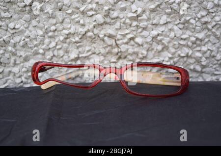 Funny red glasses frame on contrast background. Stock Photo