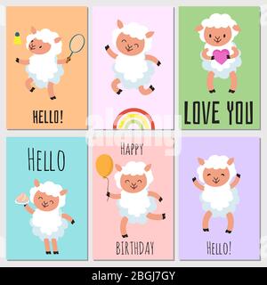 Happy birthday, love you and hello cards with cute cartoon baby sheep. Vector illustration Stock Vector
