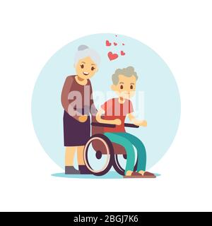 Old people cartoon vector characters set. Senior couple in love flat design icon isolate on white illustration Stock Vector