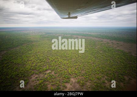 Aerial view of miombo woodlands, Kafue National Park, North Western Province, Zambia from small plane transfer to safari camp. Stock Photo