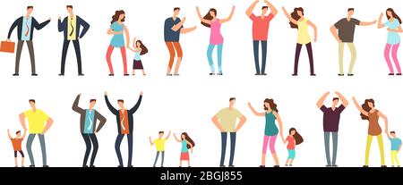 Family and professional conflict. Angry stressed swearing men, women and kids cartoon vector characters isolated. Illustration of people conflict, angry woman person Stock Vector