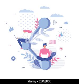 Share Social Information Sign with People around. Young Man and Woman Using Laptop for Sharing Data, Photos, Posts and Links Poster via Internet. Vect Stock Vector