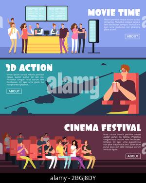 People in cinema, movie horizontal banners. Family and couples date at 3d theater vector concept. Film movie theater, entertainment banner illustration Stock Vector