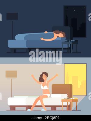 Woman sleeping and dreaming in bed at night and waking up in morning cartoon vector concept. Illustration of character dream and awake in bedroom Stock Vector