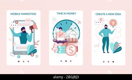 Mobile Social Stories Set for Business Application. Mobile Marketing, Tome is Money, Create New Idea Ad Lettering. Onboarding Screens User Interface K Stock Vector