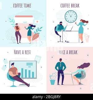 Break Time and Rest in Office during Working Day. Cartoon Cards Set with People Community. Male and Female Workers Relaxing, Talking, Drinking Hot Bev Stock Vector