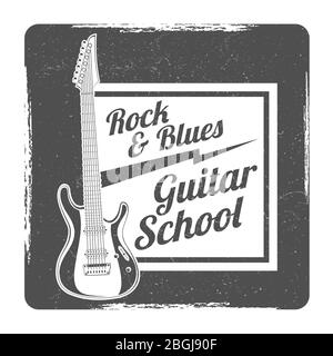 Guitar school grunge logo vector design illlustration isolated on white Stock Vector