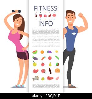 Fitness info banner flyer template. Sports cartoon character man and woman isolated on white background. Vector illustration Stock Vector