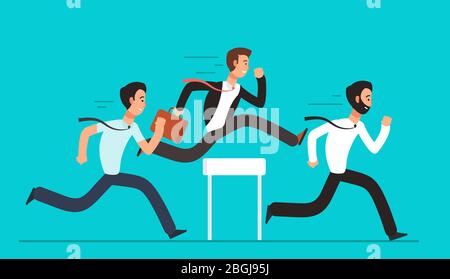 Business people overcome hurdles. Steeplechase competition, leadership overcoming vector concept. Success leader run to hurdle illustration Stock Vector
