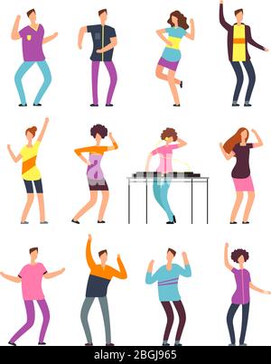 Young funny men and women dancing at summer party. Friendly people in vacation. Vector cartoon characters isolated. Female and male party celebration and dance illustration Stock Vector