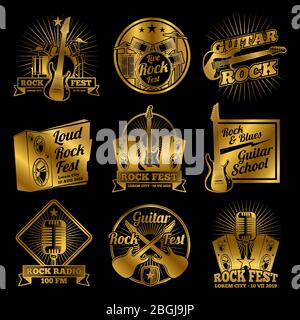 Golden rock and roll music vector labels on black background od set isolated on white Stock Vector