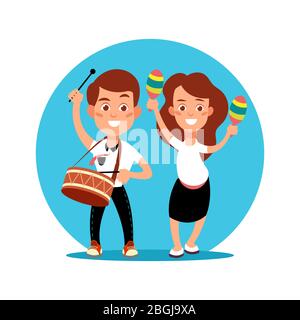 Musician kids making art pefomance. Cartoon character boy and girl with musical instruments isolated on white. Vector illustration Stock Vector
