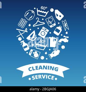 Laundry, cleaing service icons round concept banner and poster. Vector illustration Stock Vector