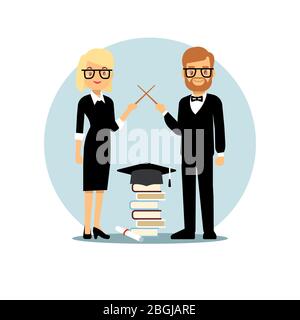 Flat cartoon characters teachers and school accessorises icon isolated on white. Vector illustration Stock Vector