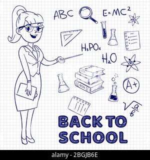 Hand drawn young female teacher and school elements. Back to school vector concept illustration Stock Vector