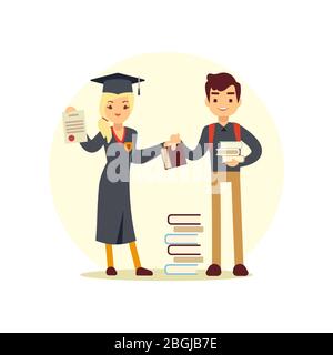 Graduate and books to student. Cartoon character school people. Vector illustration Stock Vector