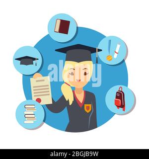 Graduate concept with student girl and school accessorises elemens. Vector illustration Stock Vector