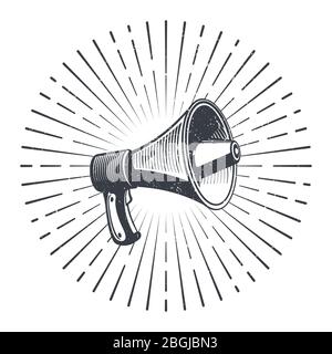 Hand drawn sketch megaphone and starburst. Vintage poster with megaphone. Vector illustration Stock Vector