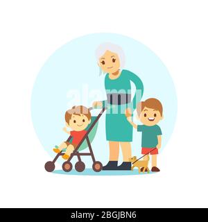 Old woman kids and puppy cartoon characters. Grangma walking with grandsons and dog. Vector illustration Stock Vector