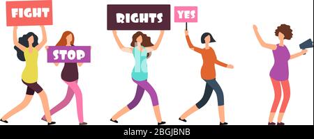 Women protesters walking on manifestation. Feminism, womens rights and protest vector concept. Illustration of woman demonstration and protest, walking with banner and poster Stock Vector