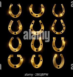 Shiny golden horseshoe vector icons, lucky symbols set isolated on black illustration Stock Vector