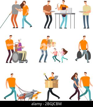 Young volunteers help to disabled and old people. Volunteer walking with dog, babysitting and assistance. Vector characters set. Illustration of care old person, assistance and helping Stock Vector