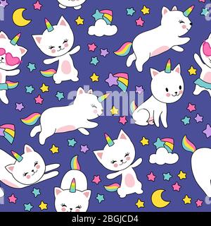 Cute cats unicorn vector seamless pattern for kids textile print. Illustration of kitten horned comic and colored star Stock Vector