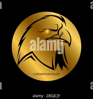 Black eagle head silhouette with shiny eyes on golden round. Vector illustration Stock Vector