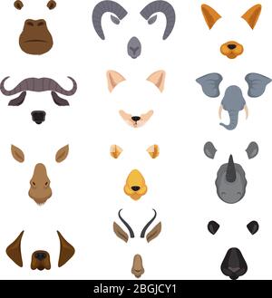 Video mobile chat animal faces. Cartoon animals masks isolated vector set. Mask photo avatar ram and monkey, rhinoceros and elephant illustration Stock Vector
