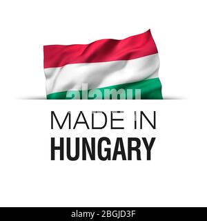 Made in Hungary - Guarantee label with a waving Hungarian flag. Stock Photo