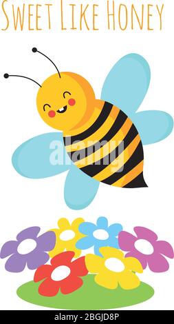 Cartoon flying bees. Cute bee and flower. Honeybee vector background. Insect cartoon, bumblebee and colored flowers illustration Stock Vector