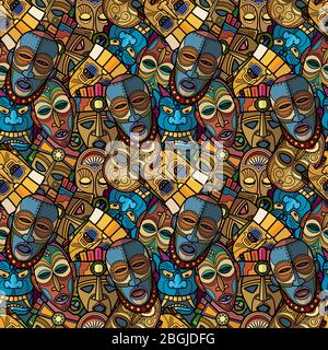 African craft voodoo tribal mask and inca south american culture totem symbols seamless pattern. Vector illustration Stock Vector