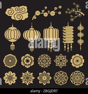 Traditional chinese and japanese decorative design vector elements isolated on black background. Asian china and japan gold traditional element illustration Stock Vector