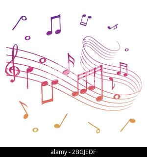 Sketch of colorful musical sound wave with music notes isolated. Vector music background illustration Stock Vector