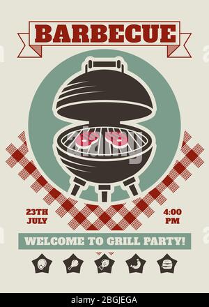 Retro barbecue party restaurant invitation template. BBQ cookout vector poster with classic charcoal grill. Cooking summer outdoor banner, cook weekend flyer cookout illustration Stock Vector